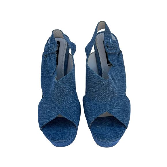 Alice + Olivia Women's Blue Denim Peep Toe Block Heel Ankle Buckle Sandals 38.5 - Picture 2 of 11